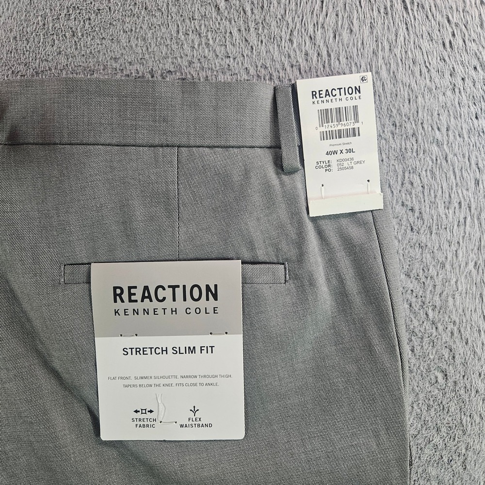 Kenneth Cole Reaction Mens Stretch Slim Fit Dress Pants Grey 40x30 NEW NWT